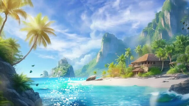 Beautiful summer beach with palm trees and sea. Cartoon or anime watercolor painting illustration style - seamless looping 4K time-lapse animation background