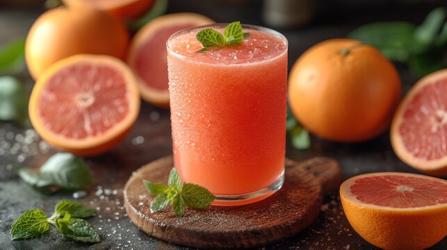  a close up of a drink on a table with grapefruit, mint, and grapefruits in the background and on the table are grapefruits.