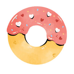 watercolor doughnut with pink cream and heart-shaped sprinkles in Valentine's theme Clipart or PNG
