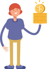 Woman Character Holding Dollar Coins
