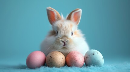 Fototapeta premium a bunny is surrounded by easter eggs on a blue background with a blue background and a light blue background with a light blue background and light blue background with a.