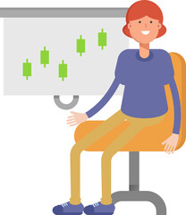 Woman Character Presenting Candlestick Chart
