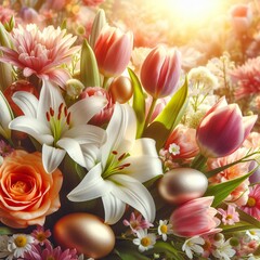 Close-up of a blooming spring garden with Easter lilies and tulips Renewal and beauty Creates a vibrant atmosphere for Easter-themed designs 