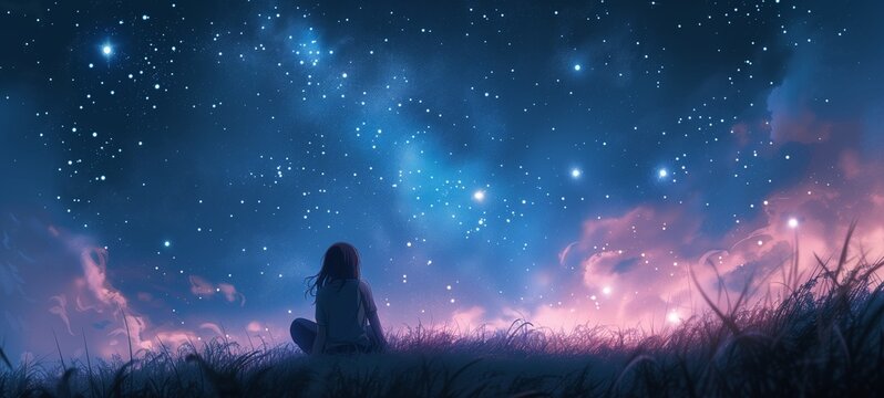Anime-style illustration of a girl sitting on grass, immersed in contemplation as she gazes at a starry sky with pink and purple nebulae, creating a tranquil and dreamy nighttime scene.