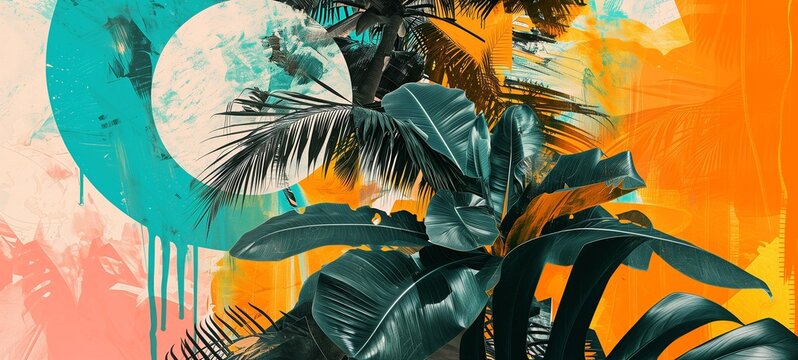 A vibrant cut-and-paste style artwork featuring palm leaves against a retro orange and teal backdrop, evoking a surreal, tropical summer vibe with a hint of vintage nostalgia.