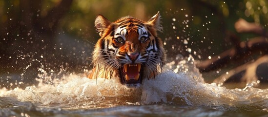 A Bengal tiger runs through the water, mouth open, showcasing its powerful presence as a...