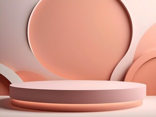 3d rendering of soft pink podium glowing on peach color geometric forms background. Illustration with copy space for mock up, display, showcase, backdrop, product placement