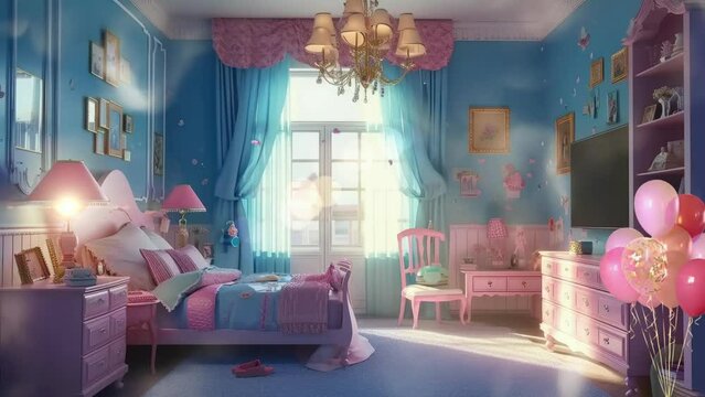 Adorable and funny kid's or girls bedroom with aesthetic pastel colors. Anime or cartoon illustration style. seamless looping time-lapse virtual video animation background