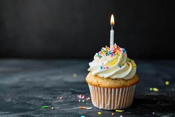Birthday Cupcake and One Candle with Copy Space. - obrazy, fototapety, plakaty