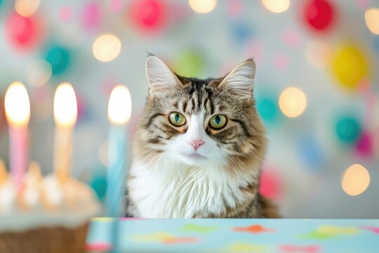 Cat sitting behind table celebrating birthday, cat's birthday concept.