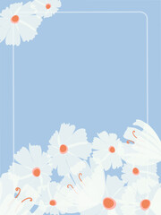 White translucent flowers on a blue background. Spring floral universal greeting card.