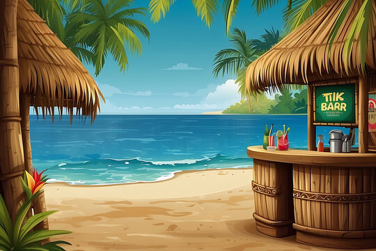 A Tiki bar set against a lush tropical backdrop