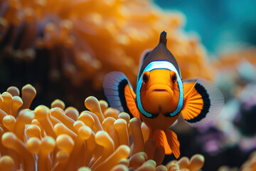 bright orange clownfish nestled within the tentacles of a sea anemone, showcasing a symbiotic marine life relationship. - obrazy, fototapety, plakaty