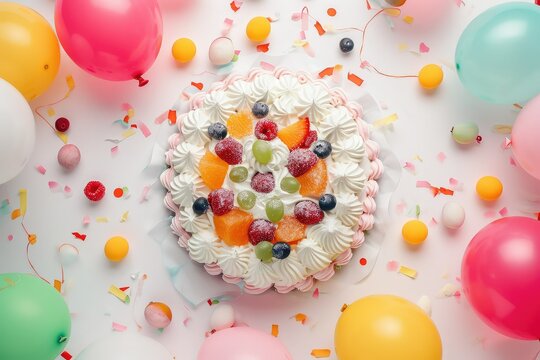 Top view of fresh fruit cake with whipped cream and colorful balloons on white, in the style of vibrant stage backdrops