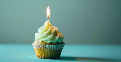 A lone birthday candle sits on a yellow cupcake, in the style of rainbowcore.