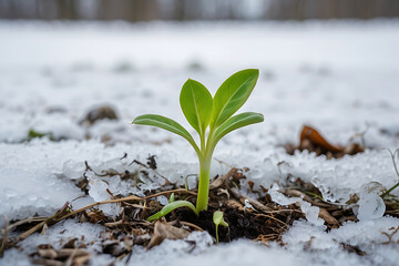 A fresh green shoot breaking through the icy, snow-covered earth, heralding the arrival of spring and the end of winter's grasp