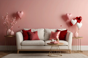 Awesome Interior of living room with sofa and decor for Valentine's Day with pink and red hearts