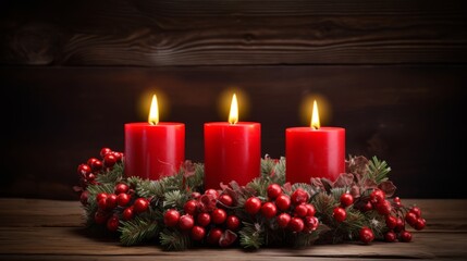 Obraz na płótnie Canvas Cozy christmas scene: two lit red candles in berry wreath with festive decor on rustic wooden background - copy space available
