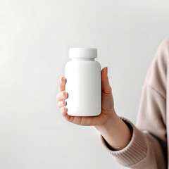 A mockup of a blank supplement bottle in woman hand holding on a clean white background