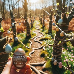 Close-up of a festive Easter egg hunt trail winding through a picturesque woodland filled with...