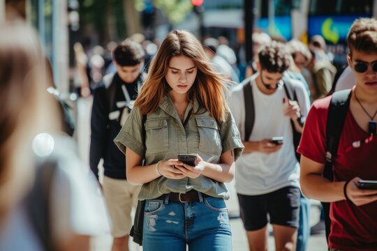 Nomophobia, people walking outdoors at the city street holding their smartphone