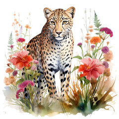 Leopard clipart with beautiful colored flowers, pastel watercolor illustration, PNG file