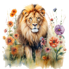 Lion clipart with beautiful colored flowers, pastel watercolor illustration, PNG file