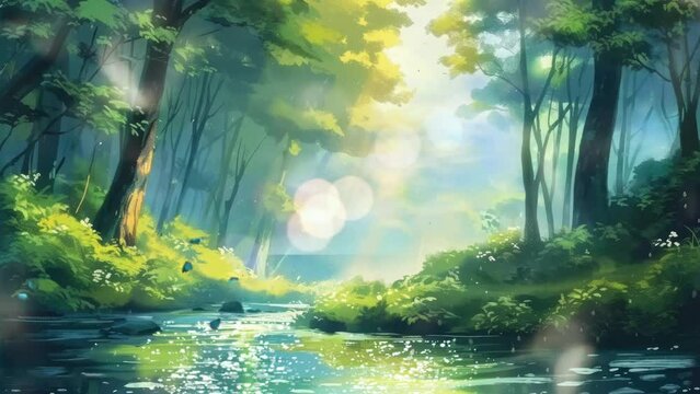 Tropical Tranquility: A Green Landscape Oasis with Water and Fluttering Butterflies. Animated fantasy background, watercolor painting illustration style, seamless looping 4K video