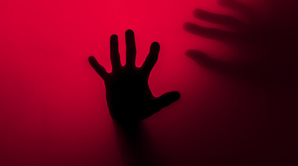 Hand silhouette on red background. Blurred human hand shape out of focus