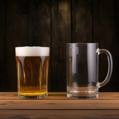 Beer Mug with Wheat and Hops on Wooden Table and Black Background