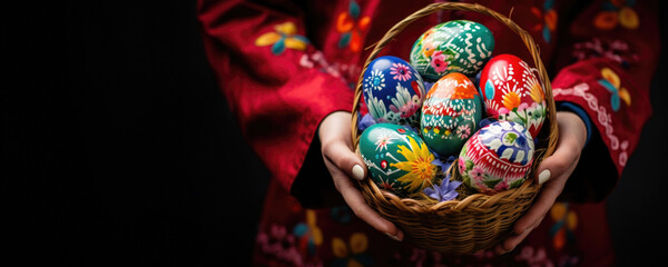 Easter Eggs in a Basket - Decorated with Painted Flowers
