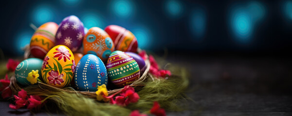 Colorful Easter Eggs in a Basket - obrazy, fototapety, plakaty