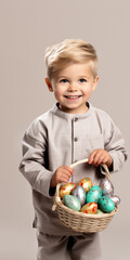 Fototapeta na wymiar Smiling Child Holds a Basket of Easter Eggs