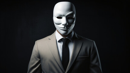 A businessman in a white mask