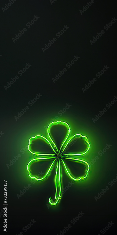 Poster neon irish symbol (shamrock) on green background