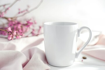 Fototapeta na wymiar White coffee mug mockup with flower bouquet.