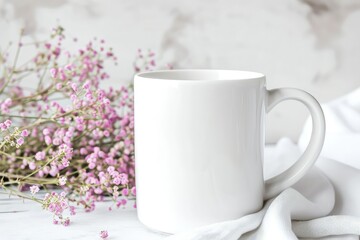 Obraz na płótnie Canvas White coffee mug mockup with flower bouquet.