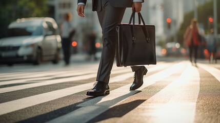 Close-up of legs Businessman crossing the street on the crosswalk and holding a laptop bag in the city.