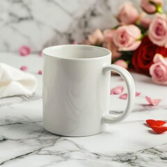 White coffee mug mockup with flower bouquet.