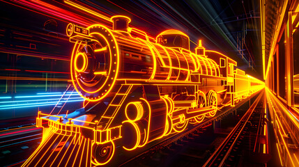 Futuristic neon silhouette of a locomotive isolated on black background Created with generative AI.