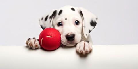 Dalmatian Puppy Chewing on Red Ball