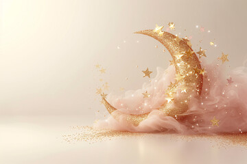 Ramadan Kareem greeting poster design pastel Pink and peach colours glitter with Golden moon and stars