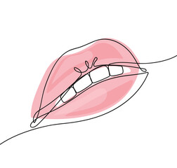 Continuous one line drawing of the lips on white background. Pink lips of a woman. Outline vector illustration. For banner, design element, template, postcard.