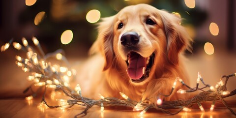 Golden Retriever Laying on Floor With Christmas Lights