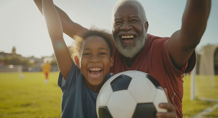 Victory Cheer: Joyful Grandfather and Grandchild Celebrating a Soccer Win - obrazy, fototapety, plakaty