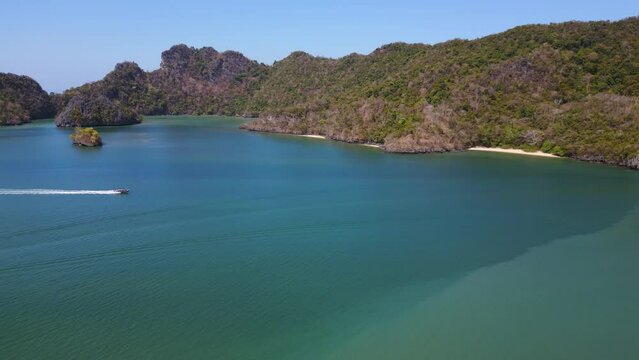 Island boat Langkawi Tanjung Rhu malysia. Majestic aerial top view flight drone