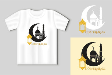Eid Mubarak Design with a golden mosque and an inscription. Vector concept with t-shirt mockup