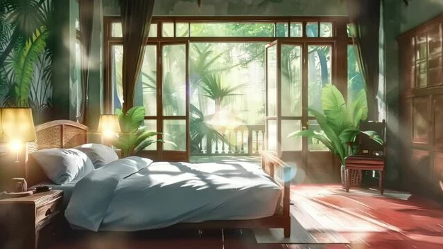 Morning Radiance: A Bedroom Bathed in Sunrays Through Opened Windows. Animated fantasy background illustration style, seamless looping 4K video
