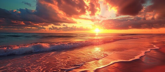 The afterglow paints the sky as the sun sets over the ocean, casting a warm light on the crashing waves and creating a picturesque natural landscape.