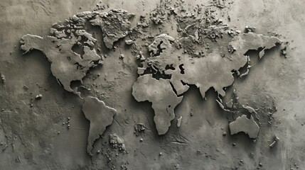 World map made of concrete. All continents of the stone world